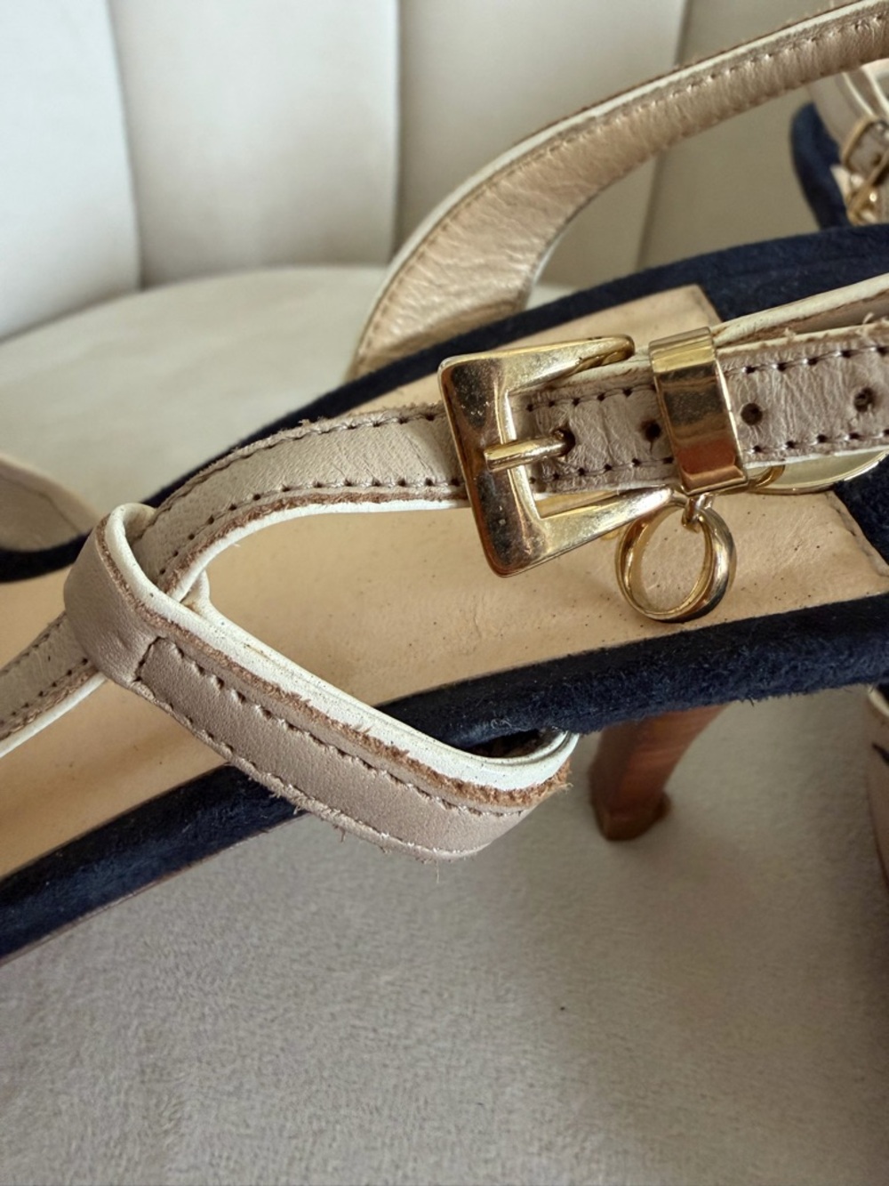 O Jour Vtg Bow-Accent Beige Slingback Heels Navy Stripes Open Toe Shoes Y2K 8 - Picture 9 of 13